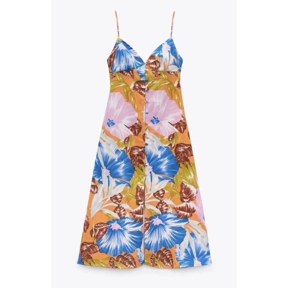 NWT Zara Tropical Floral Midi Dress Linen Blend Blogger Favorite Summer L